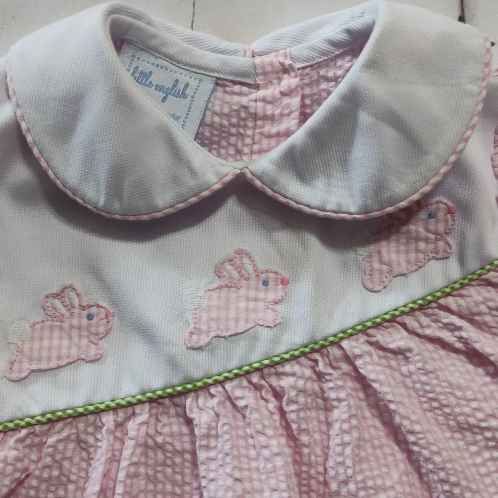 Little English Pink Seersucker Dress Easter Bunny  Size 2t Peter Pan Collar - Picture 2 of 5